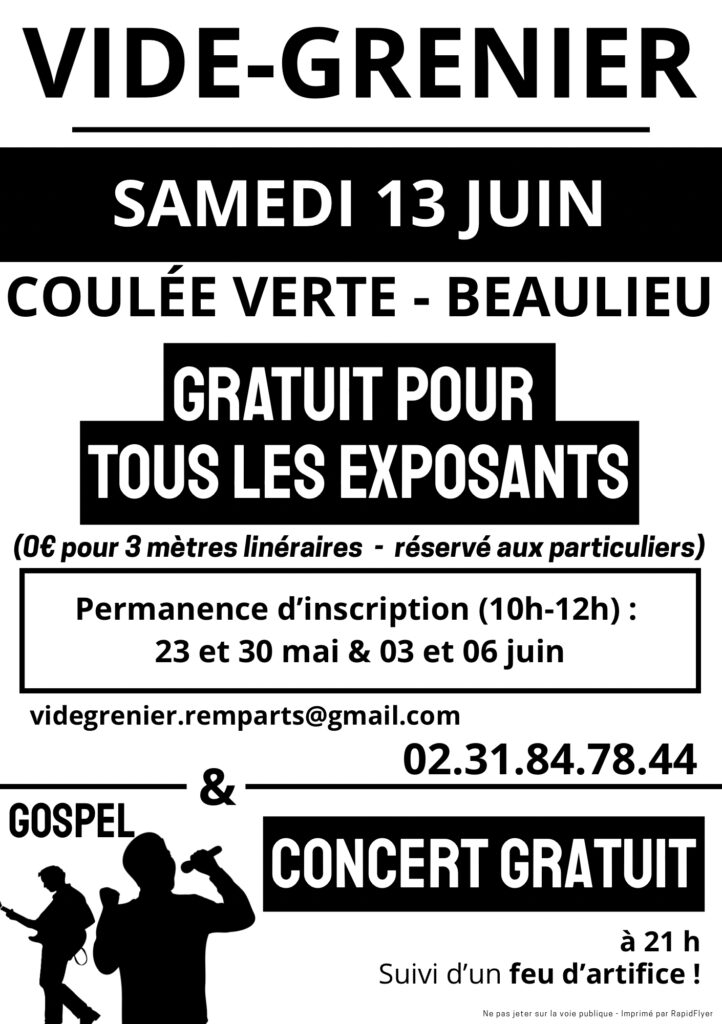 Flyer d'information pour l'inscription au vide-grenier qui aura lieu le samedi 13 juin 2026 à la Coulée Verte de Beaulieu